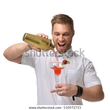 Bartender men is making red margarita cocktail with strawberry and lime happy smiling laughing isolated on a white background Royalty-Free Stock Photo #510972715