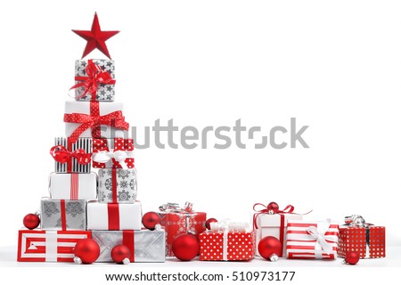 Christmas gift boxes on white background Royalty-Free Stock Photo #510973177