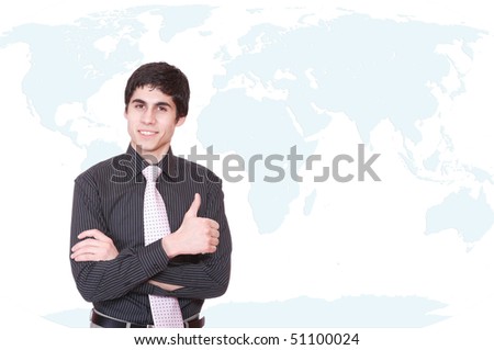 Young attractive businessman with world map in background - globalization