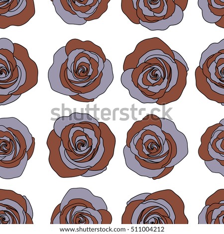 Seamless pattern with brown and violet rose flowers, vector floral illustration in vintage style.