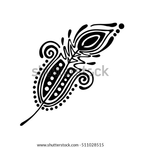 Vector hand drawn illustration, decorative ornamental stylized feather. Black and white graphic illustration isolated on the white background. Inc drawing silhouette.