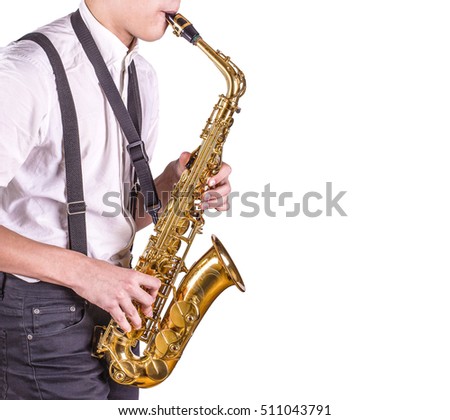 Men playing saxophone. Close up of men playing saxophone