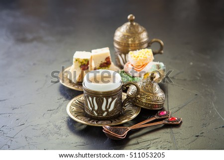 coffee and oriental sweets - locum and sherbet, selective focus, copy space