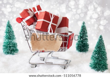 Trolly With Christmas Gifts And Snow, Copy Space