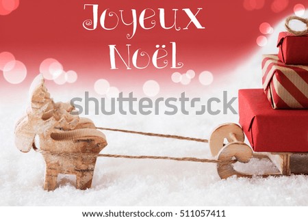 Reindeer With Sled, Red Background, Joyeux Noel Means Merry Christmas