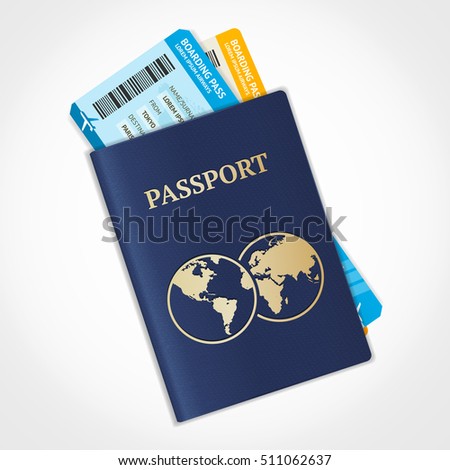 Vector passport with tickets. Air travel concept. Flat Design citizenship ID for traveler isolated. Blue international document - pasports illustration. Royalty-Free Stock Photo #511062637