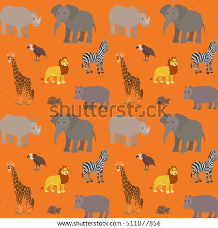 Seamless pattern with cartoon african animals. Endless orange background with lion elephant zebra giraffe rhino hippo vulture turtle. Vector illustration.