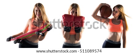 Blonde girl with boxing gloves, skate and basketball