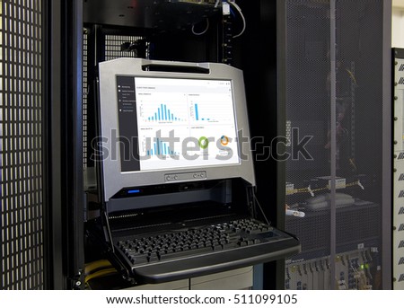 monitor show graph information of network traffic and status of device in data center room