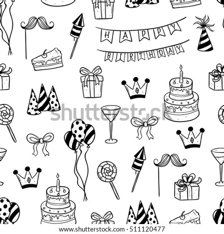 cute birthday elements in seamless pattern using doodle art