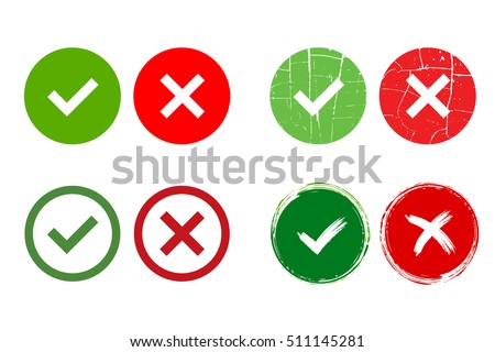 Tick and cross signs. Green checkmark OK and red X icons, isolated on white background. Grunge marks graphic design. Circle symbols YES and NO button for vote, decision, web. Vector illustration
