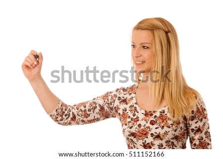 Cute blond woman writing on blank transparent board with a marker isolated over white background