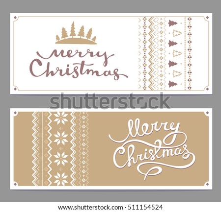 Two vector christmas stylized illustration with handwritten text merry christmas and knitting pattern on white, golden background. Hand draw design for web, site, banner, poster, print, greeting card
