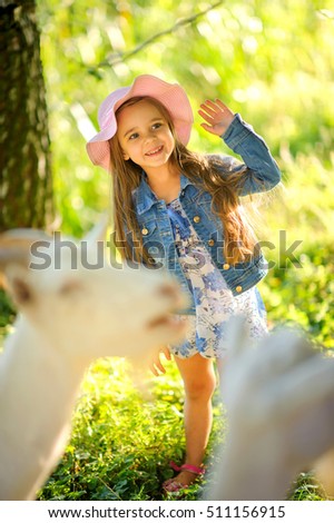 girl in a krsivy hat on the green plena plays and feeds goats, the happy smiling child, games outdoors