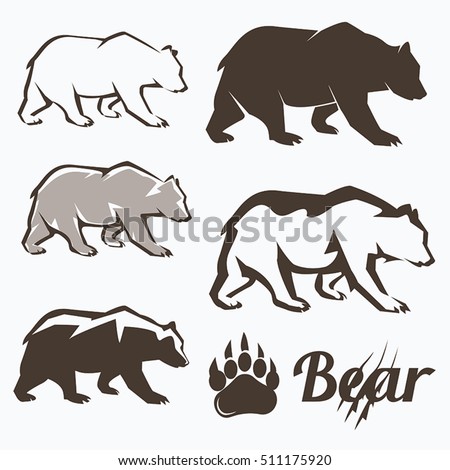 set of walking bear silhouettes in different style, collection of elements for logo design