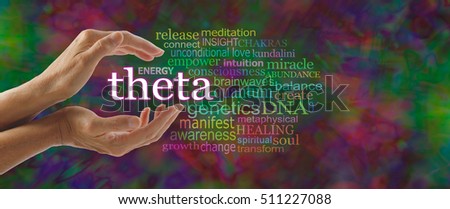 Theta Word Cloud - female hands cupped around the word THETA surrounded by relevant words on a dark multicolored random pattern  background 
 Royalty-Free Stock Photo #511227088