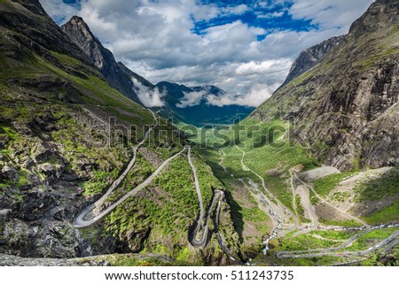 Troll's Path Trollstigen or Trollstigveien winding mountain road in Norway. Royalty-Free Stock Photo #511243735