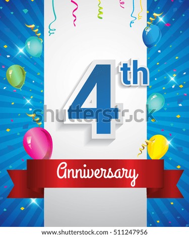 4 Years Anniversary celebration logo, with confetti and balloons, red ribbon, Colorful Vector design template elements for your flyer, banner and poster.