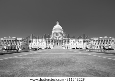 Front view of the Capitol Building with the Senate and House of Representatives in Washington DC, USA in bleak black and white
