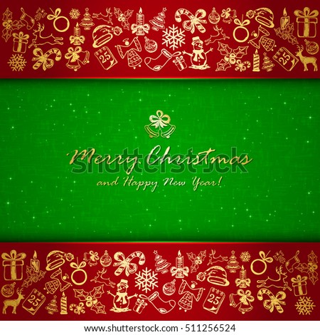 Golden Christmas decorative elements on green and red background, holiday decorations, illustration.