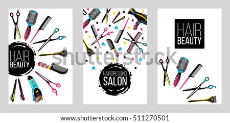 Barber shop, haircut & beauty salons banners, flyers, cards template. Inspired by fashion professional hairdressers tools.Vector illustration. Isolated elements on white background Royalty-Free Stock Photo #511270501