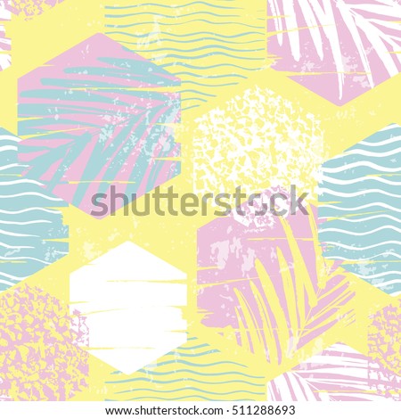 Trendy seamless exotic pattern with hand texture and geometric elements. Vector illustration