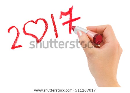 Hand with lipstick drawing 2017 isolated on white background