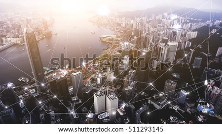 Aerial photo of Hong Kong develop city with popular financial and business centers. Advanced infrastructure of buildings construction and urban transportation.Infographics elements with networking map Royalty-Free Stock Photo #511293145