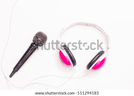 Music sound. Mic, microphone and headphone on radio, retro audio musical record studio. Vintage pop, rock broadcast equipment background. Karaoke voice. 