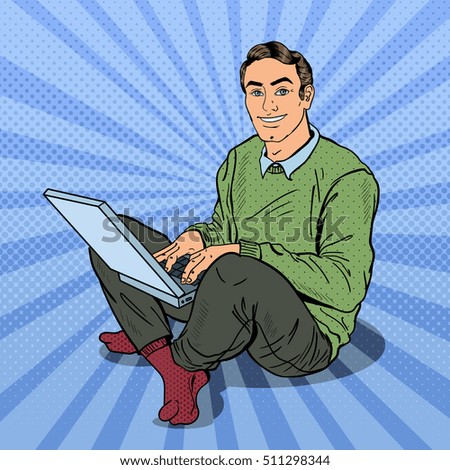 Pop Art Smiling Young Man Working with Laptop. Vector illustration