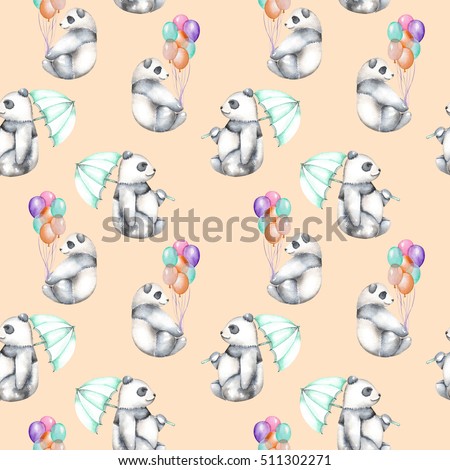 Seamless pattern with watercolor pandas with air balloons and umbrella, hand drawn isolated on a pink background