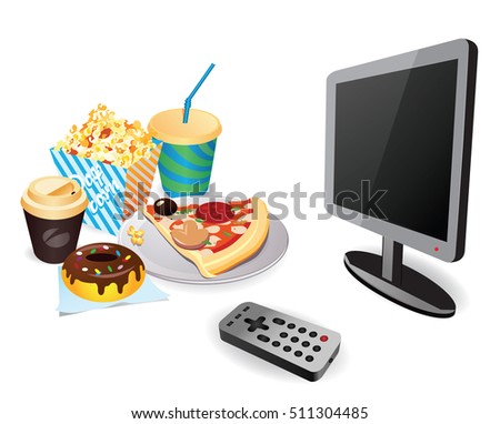 Modern way of living. Illustration of TV screen with remote and large amount of fast food. Spending time watching television.
