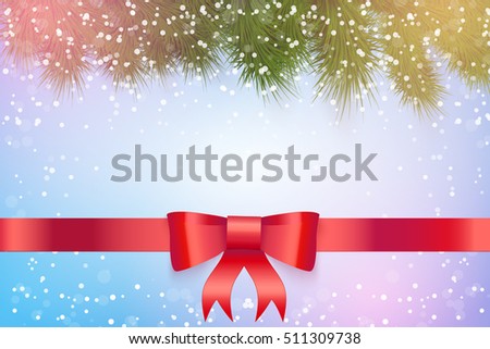 Christmas background with green fir tree red ribbon bow and snow. Winter Holiday xmas greeting and invitation. Vector Illustration.