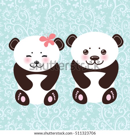 girl and boy Kawaii funny panda white muzzle with pink cheeks and big black eyes. 