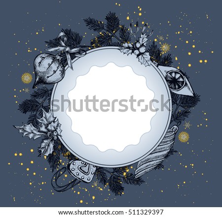 Background with Christmas decorations. Composition circle with New Year's attributes. Template for greeting cards, invitations, posters, flyers. Hand-drawn vector illustration.