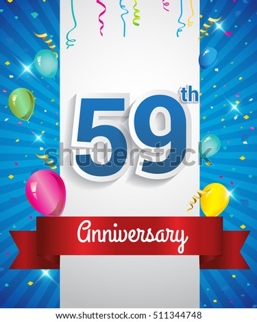 Celebrating 59th Anniversary logo, with confetti and balloons, red ribbon, Colorful Vector design template elements for your invitation card, flyer, banner and poster.
