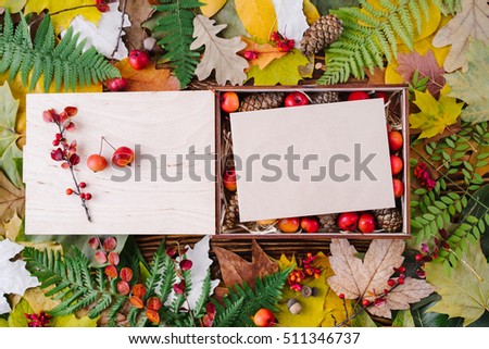 Autumn composition of colorful leaves and box filled with pines and small apples with blank sheet  on wooden background. Top view, flat lay, copy space.