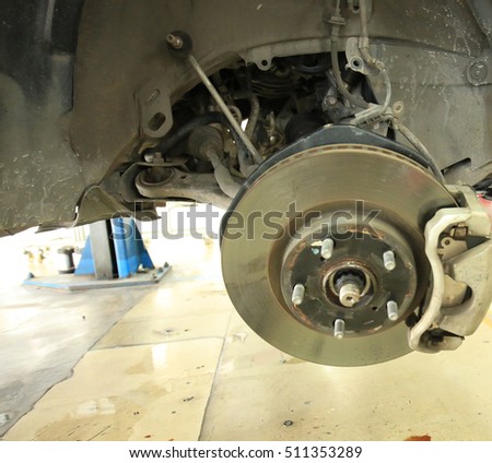 Car brake disc without wheels closeup