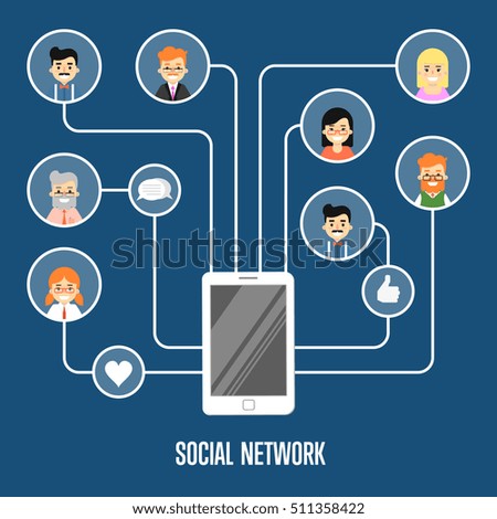 Round people icons connected with smartphone. Social network banner on blue background, vector illustration. Smiling cartoon characters. Teamwork concept. Digital information with mobile devices