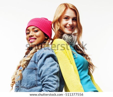 best friends teenage girls together having fun, posing emotional on white background, besties happy smiling, lifestyle people concept