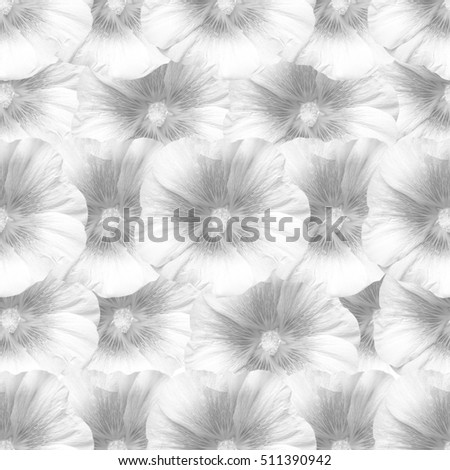 White monochrome seamless background with hollyhocks