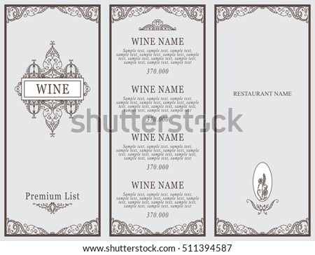 Vintage design of restaurant menu. Wine list or card collection, cover and page for price. Beautiful ornate design with vine and flowers elements. Menu template, gray color classic design