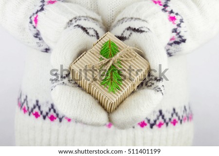 Girl in mittens holding decorated gift with string and branch of christmas tree