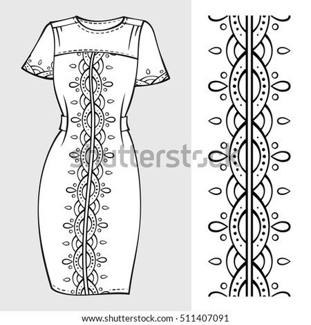 Elegant black and white dress mock-up with pattern brush decoration. 
