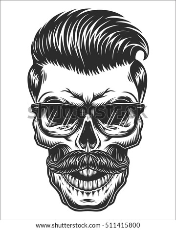 Monochrome illustration of skull with mustache, hipster haircut and glasses with transparent lenses. Isolated on white background
