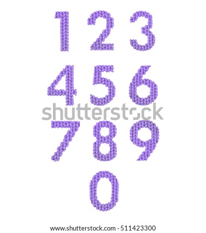 Numerals alphabet on a blurry texture knitted pattern of woolen thread closeup. More figure of the alphabet. Education and holidays. Typography design. Color purple