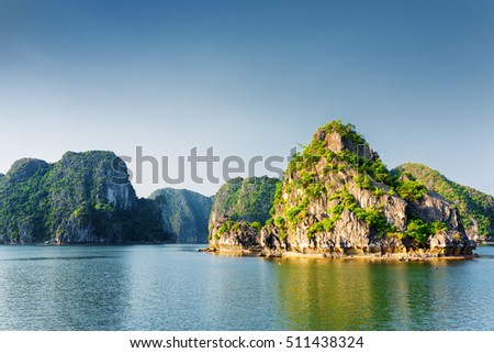 Beautiful view of the Halong Bay (Descending Dragon) at the Gulf of Tonkin of the South China Sea, Vietnam. Landscape formed by karst towers-isles. The Ha Long Bay is a popular tourist destination.