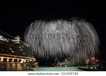 Beautiful and pyrotechnic fireworks in Genoa, Italy / Fireworks in Genoa harbur, Italy