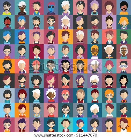 Set of people icons in flat style with faces. Vector women, men character 2