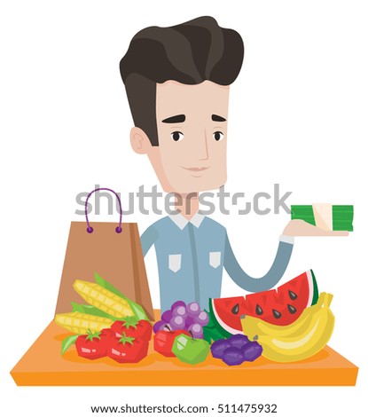 Caucasian shopper standing at the table with grocery purchases. Shopper holding money in hand in front of table with grocery purchases. Vector flat design illustration isolated on white background.